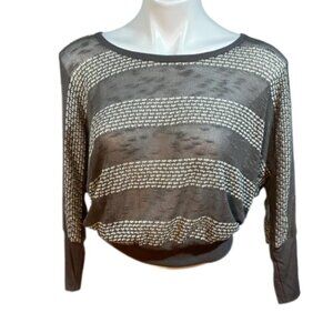 About A Girl Top juniors M Striped Scoop Neck sheer Long Sleeve USA Gray Casual